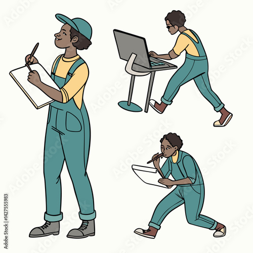 Cartoon Character in Overalls: Woman Taking Notes, Working on Laptop - Vector Illustration, Agriculture, Farming, Education Concept