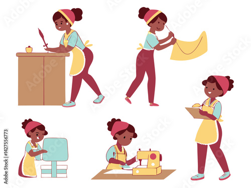Cartoon Seamstress: Woman Sewing, Cutting Fabric & Taking Notes. Flat Vector Illustration of a Female Tailor at Work.