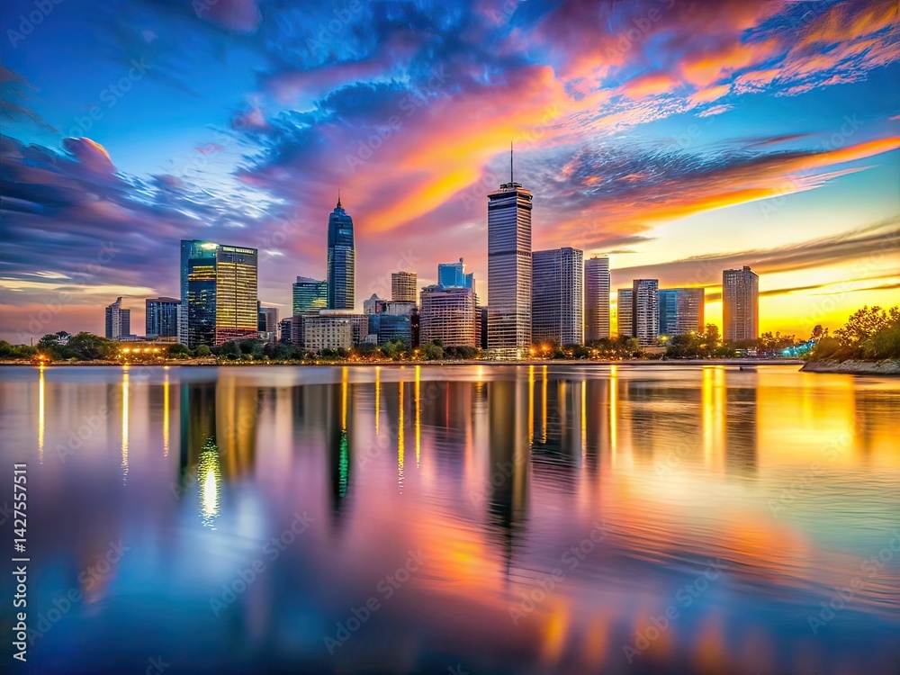 Obraz premium Perth Sunset Cityscape Swan River Mill Point Long Exposure