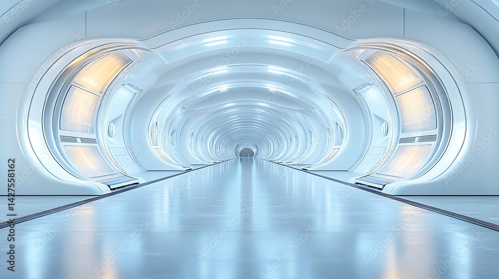 Fototapeta premium Futuristic, light-filled corridor leading to an unseen destination.