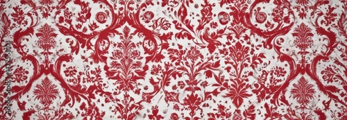 Crimson flock wallpaper, damask pattern on white  Retro vintage design , red, white, style