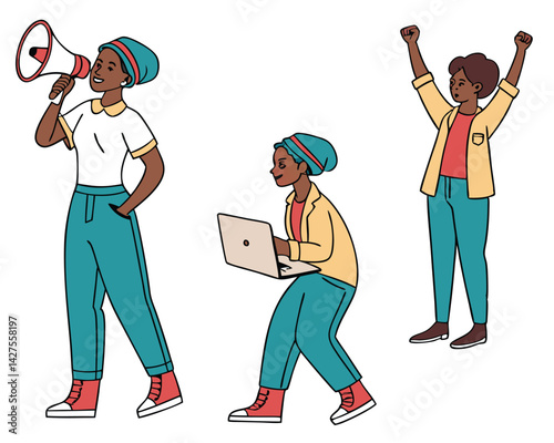 Empowered Black Woman Activist Illustration: Megaphone, Laptop, Raised Fists - Vector Art for Social Justice, Equality, and Women's Rights