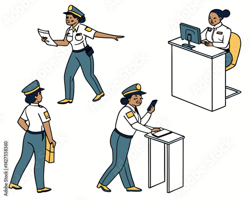 Cartoon Illustration of Female Security Guard in Various Poses: Standing, Sitting, Walking, Using Phone, and Holding Documents