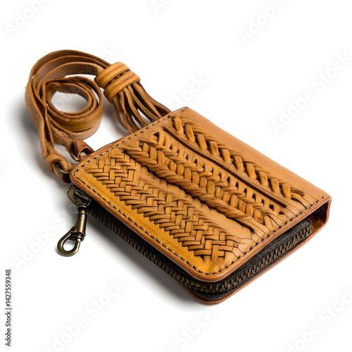 braided leather wristlet wallet hanging on white background

