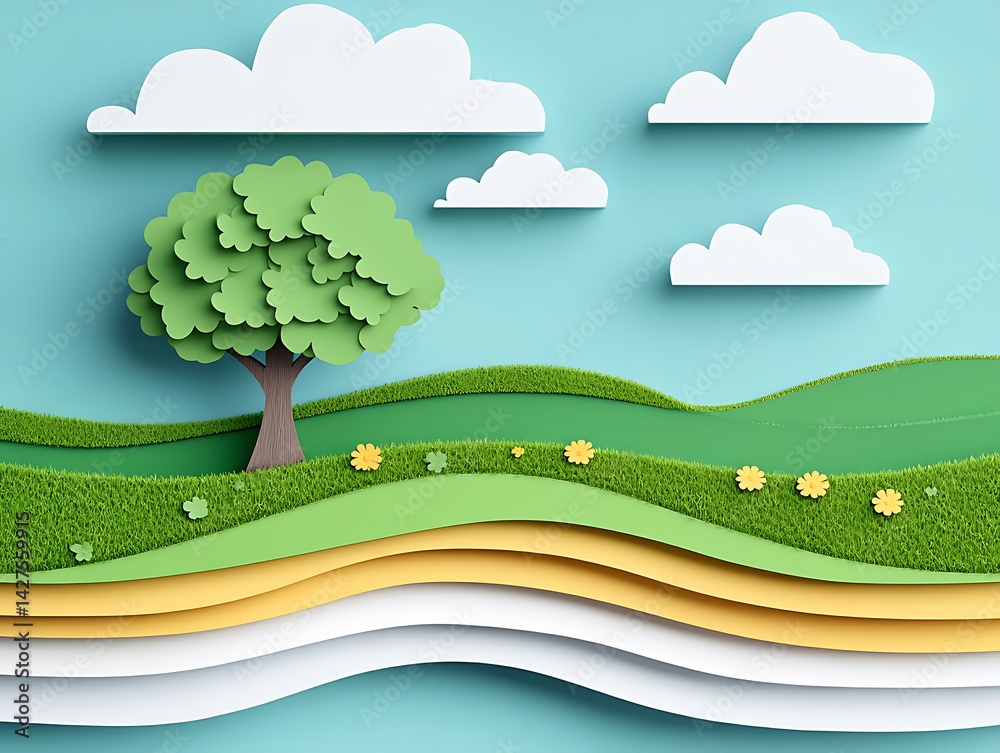 Fototapeta premium Delightful crafted scene of a single tree, grassy hills and layered earth