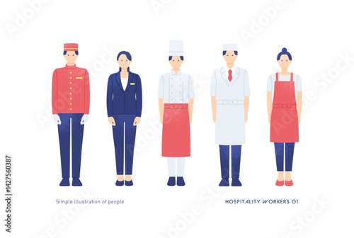 お客様をお迎えする接客業スタッフと飲食店で働く人のベクターイラスト素材。
