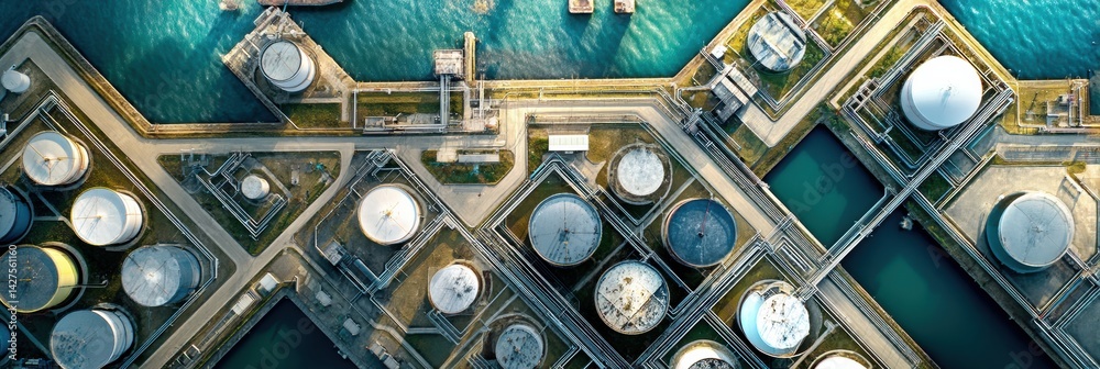 Aerial View of Oil Terminal Storage Tanks Showcasing Geometric Layout and Water Surroundings