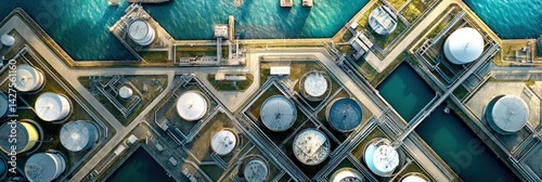 Obraz na płótnie Aerial View of Oil Terminal Storage Tanks Showcasing Geometric Layout and Water Surroundings w salonie