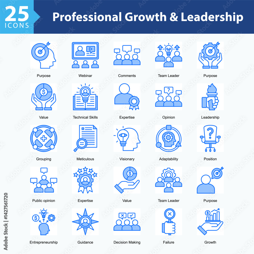 Fototapeta premium Professional Growth & Leadership is a collection of icons in sheet format showcasing professional development, leadership skills, technical expertise, and visionary direction in modern work environmen