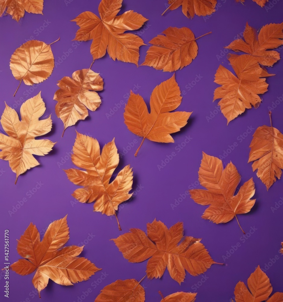 Obraz premium Dry orange metallic leaves, violet backdrop Geometric leaf pattern, autumnal vibe , orange, fall