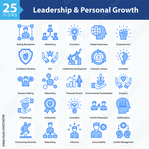 Leadership & Personal Growth is a collection of icons in sheet format illustrating self-development, leadership, decision-making, and global and social awareness throughout personal growth journeys.