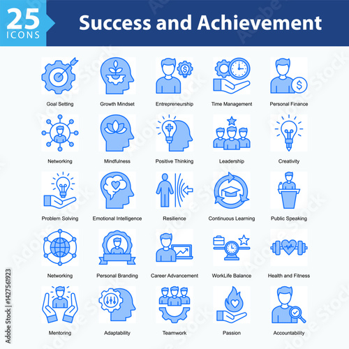 Success and Achievement is a collection of icons in sheet format illustrating self-development, leadership, decision-making, and global and social awareness throughout personal growth journeys.