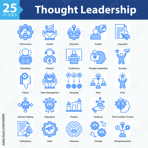 Thought Leadership is a collection of icons in sheet format showcasing professional development, leadership skills, technical expertise, and visionary direction in modern work environments.