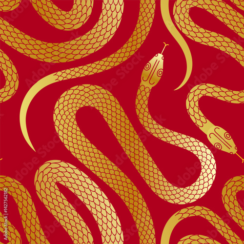 seamless pattern consists of a golden snake on a red background. endless reptilian background. stock vector illustration. EPS 10.