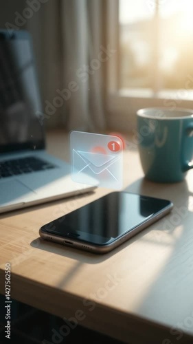 New message glowing on smartphone screen near laptop warm sunlight. AI Generated