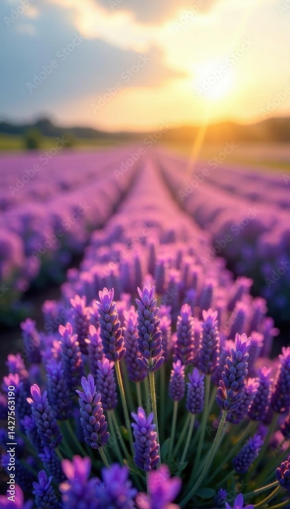 Obraz premium Purple lavender field, summer sun, vibrant blooms, provance, outdoor, light