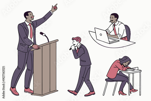 Business Professionals: Public Speaker, Laptop User, Presenter, and Exhausted Person