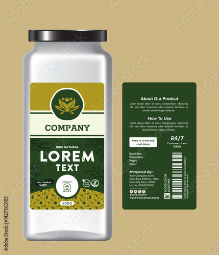 Modern all spice jar label design with clean layout, green theme, and bold fonts. Perfect for organic products and natural herbal botanical food packaging.