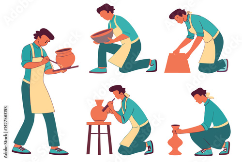 Pottery Process: Steps of a Potter Creating Ceramic Art in Flat Vector Illustration