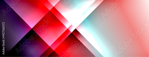 Abstract geometric composition. Diagonal shapes intersect, creating vibrant color gradients. Reds, purples, whites blend into modern design. Minimalist aesthetic.