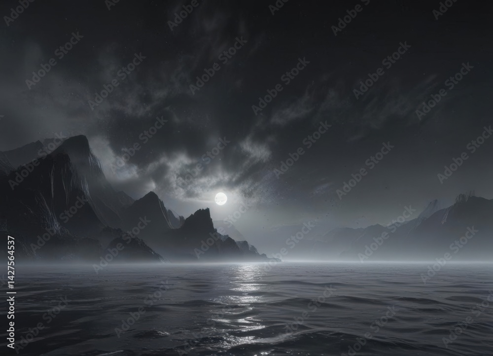 Naklejka premium Ethereal mist rises from inky black ocean, soft focus , abstract, black sea, surface tension