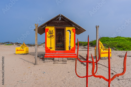 Sri Kaaliamman & Sri Karuppannasaamy temple at Dhanushkodi south-eastern tip of Pamban Island, Tamil Nadu State, India. Dhanushkodi is an abandoned town. it was destroyed during the Rameswaram cyclone