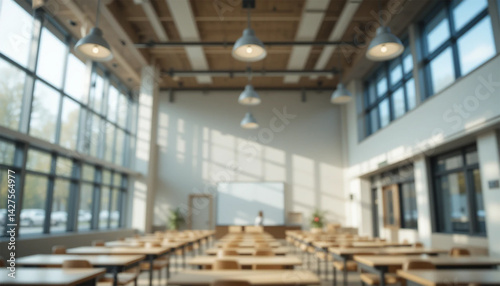Beautiful blurred background of bright classroom and study room with panoramic windows and beautiful lighting. Blurred Empty school background.
