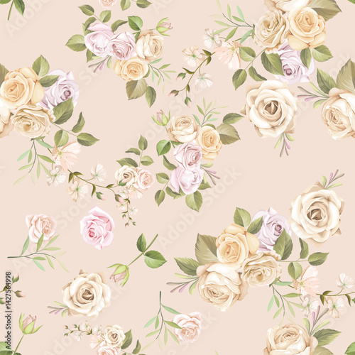 Wallpaper Mural Elegant floral pattern of roses in soft pink  cream hues a dreamy garden escape Torontodigital.ca