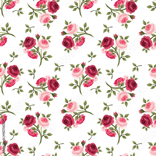 Rose bouquets pattern pink  burgundy roses scattered leaves on white