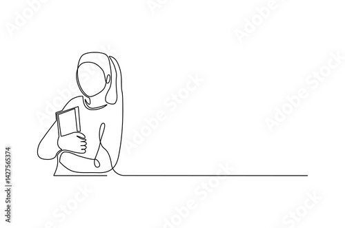 Continuous one line drawing of Little girl holding book. Single line drawing illustration of Girl with book. International Children's Book Day concept vector art. Doodle line illustration.