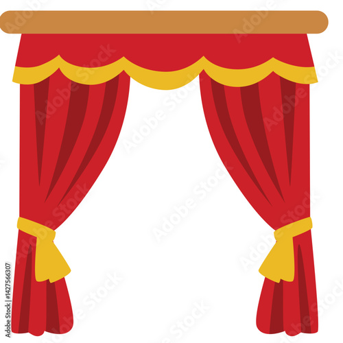 Red stage curtain with yellow scalloped valance and tied side drape, creating a neat and elegant look for performance backdrops or stage decoration.