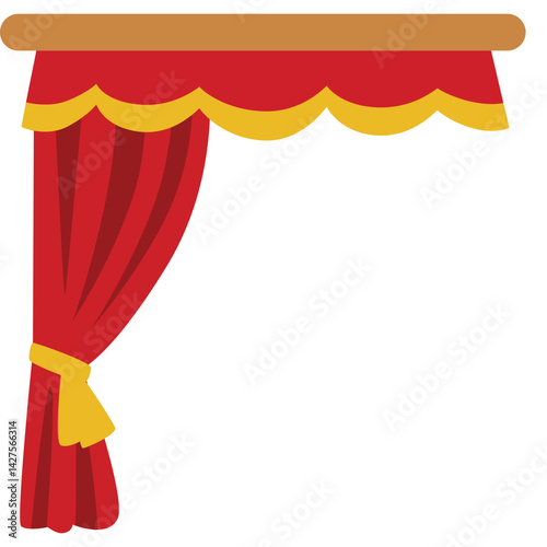 Red stage curtain with yellow scalloped valance and tied side drape, creating a neat and elegant look for performance backdrops or stage decoration.
