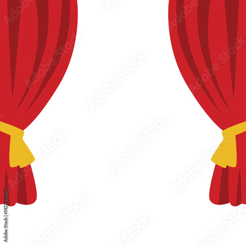 Red stage curtain with yellow scalloped valance and tied side drape, creating a neat and elegant look for performance backdrops or stage decoration.
