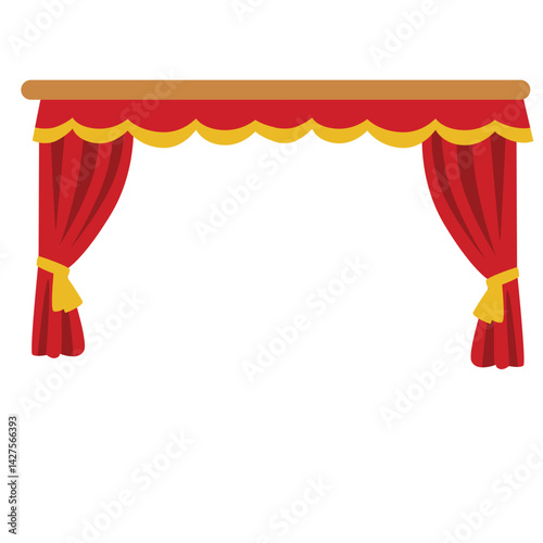 Red stage curtain with yellow scalloped valance and tied side drape, creating a neat and elegant look for performance backdrops or stage decoration.