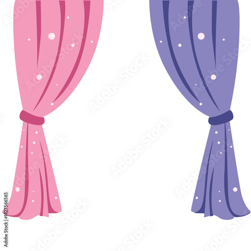 Pair of dreamy curtains in pink and purple with dotted star-like patterns. Perfect for kids’ rooms or pastel-themed interiors. Soft and stylish.