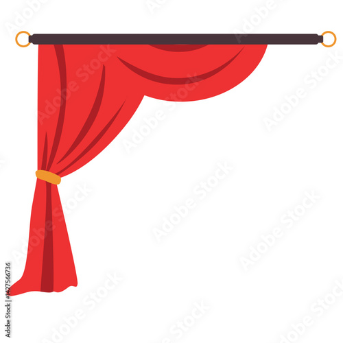 Red stage curtain with yellow scalloped valance and tied side drape, creating a neat and elegant look for performance backdrops or stage decoration.
