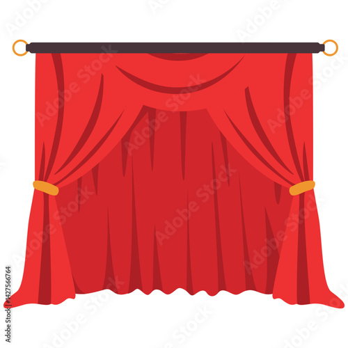 Red stage curtain with yellow scalloped valance and tied side drape, creating a neat and elegant look for performance backdrops or stage decoration.