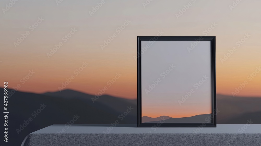 Fototapeta premium A minimalist scene featuring a blank frame on a table, set against a serene gradient sunset with mountain silhouettes in the background.