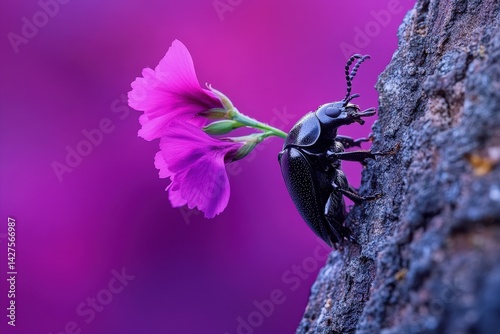 A dark insect carries a vibrant flower on a tree bark.