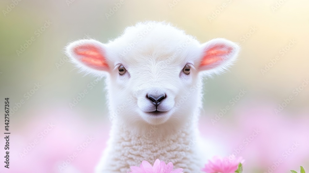 Fototapeta premium Adorable lamb in soft focus, surrounded by pink flowers