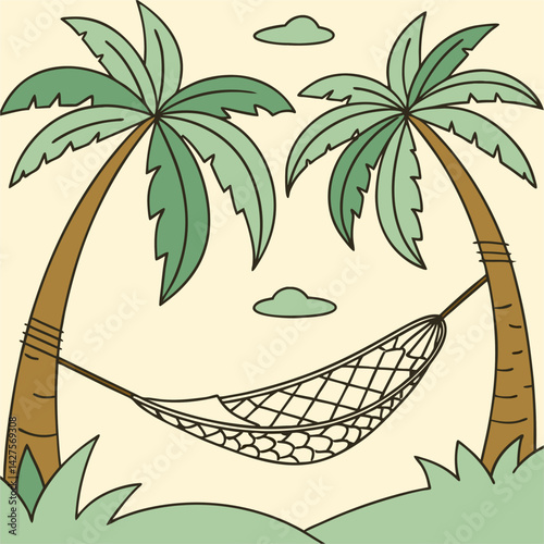 Vector illustration of a hammock tied between two palm trees over lush greenery, symbolizing tropical relaxation and peaceful summer getaways