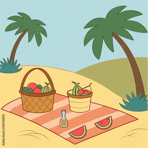 Vector of a beach picnic setup featuring a basket, fruits, drinks and a scenic seaside view, representing leisure, summer fun and relaxation