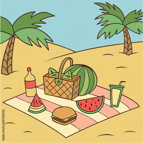 Vector of tropical beach picnic with fruits and beverages set on golden sands beneath palm trees, celebrating summer leisure and seaside fun