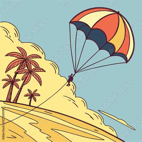 Bright vector illustration of a colorful parachute kite gliding over a golden beach and palm trees, symbolizing adventure, fun, and summer excitement