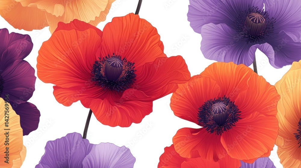 Vibrant floral pattern of various poppies in shades of orange, red, and purple Vibrant floral pattern of various poppies in shades of orange, red, and purple