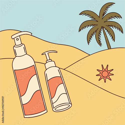 Vector of sunscreen bottles placed on sandy beach with palm trees, representing sun protection, skincare and tropical summer relaxation