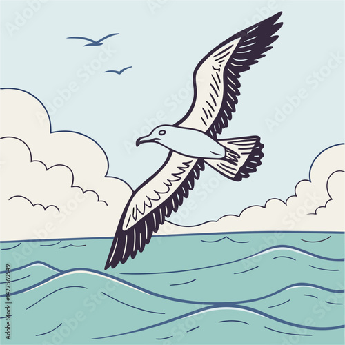 Vector of a seagull gracefully soaring above ocean waves under a clear blue sky, symbolizing freedom, travel, and coastal serenity