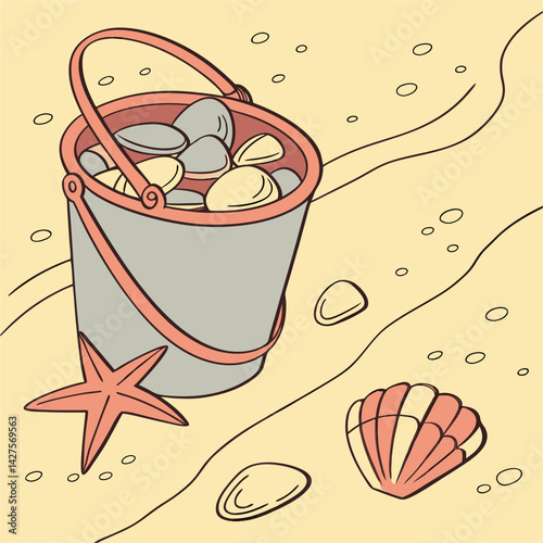 Colorful vector of a beach sand bucket filled with shells, a starfish, and pebbles, representing playful seaside activities and summer fun