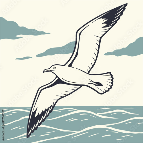 Peaceful vector of a seagull flying over calm ocean waves under sunny skies, capturing the spirit of freedom and seaside life