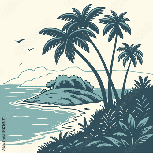Scenic vector of a tropical island with palm trees, blue ocean waters, and distant hills, representing paradise and peaceful summer destinations